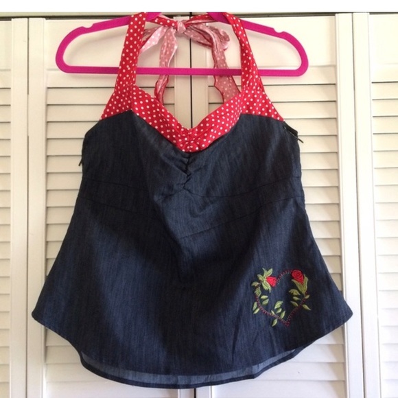 torrid Tops - VINTAGE Torrid Alert!! Denim Halter Red Roses Polka Dots 1X EUC!!!